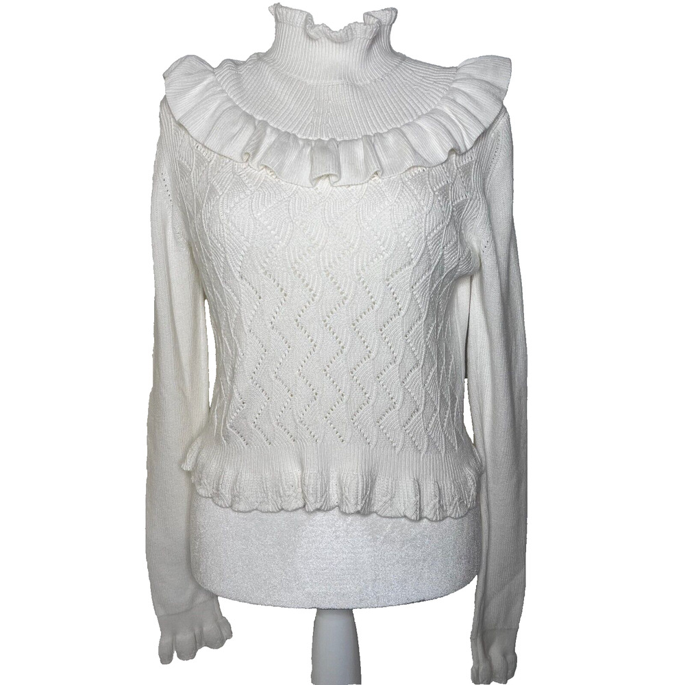French Connection Sweater Jumper White Mock Neck Ruffle Victorian Dainty Medium